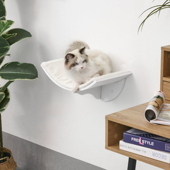 Wall-mounted cat bed with plush pillow, white