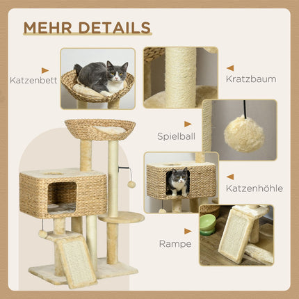 Cat tree 98cm with Sisal, 2 beds, Toy Ball, Beige