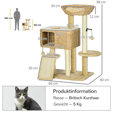Cat tree 98cm with Sisal, 2 beds, Toy Ball, Beige