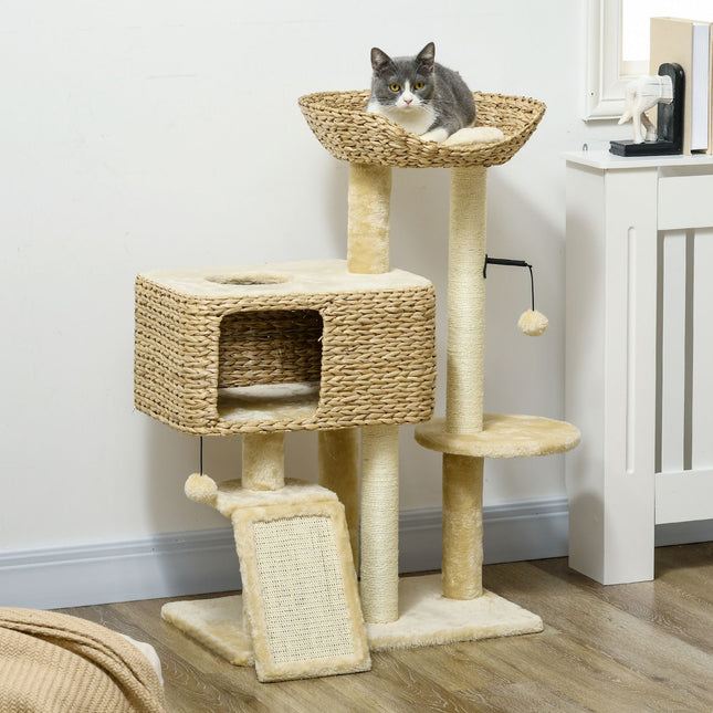 Cat tree 98cm with Sisal, 2 beds, Toy Ball, Beige