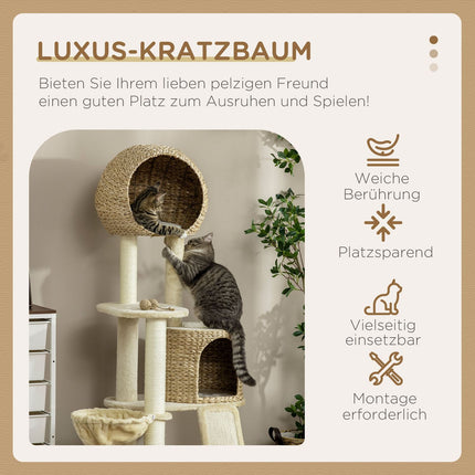 Cat scratching post with rattan house and hammock, beige
