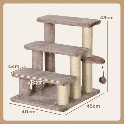 Cat and dog stairs, 3 steps with scratching posts, plush brown