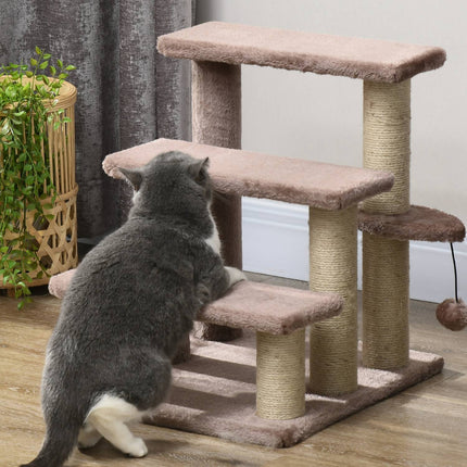 Cat and dog stairs, 3 steps with scratching posts, plush brown