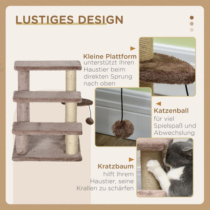 Cat and dog stairs, 3 steps with scratching posts, plush brown