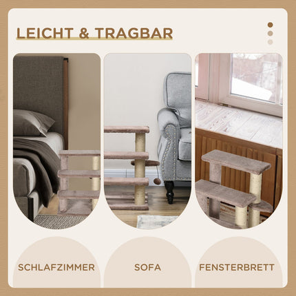 Cat and dog stairs, 3 steps with scratching posts, plush brown