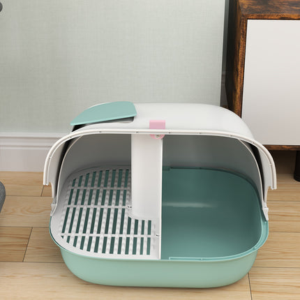 Attached green cat litter box with sieve and lid