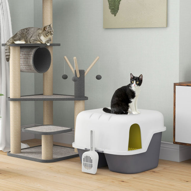 Cat box with lid & strainer, indoor, plastic, cream
