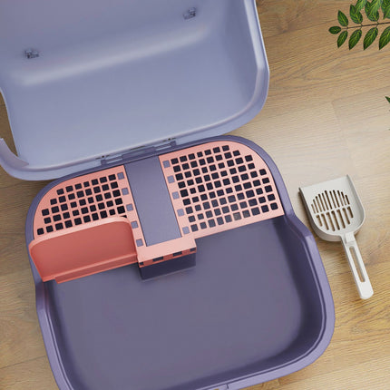 Cat box with lid, scoop, strainer - purple, small cats