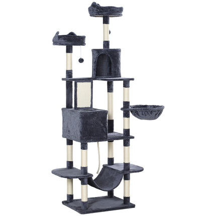 Cat tree 206 cm cat tower with cave, 2 play balls, sisal posts, platform for large cats, dark grey