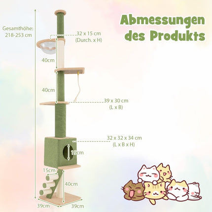 Ceiling-high scratching post 5-story cat tree with cat cave & space capsule 218-253 cm