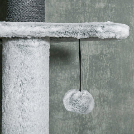 Adjustable cat scratching post with cave and play ball