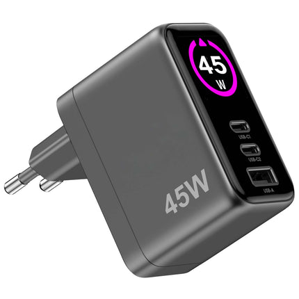 Celly 45W GaN Wall Charger with Display, PD/QC, 2x USB-C, USB-A, Black