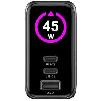 Celly 45W GaN Wall Charger with Display, PD/QC, 2x USB-C, USB-A, Black
