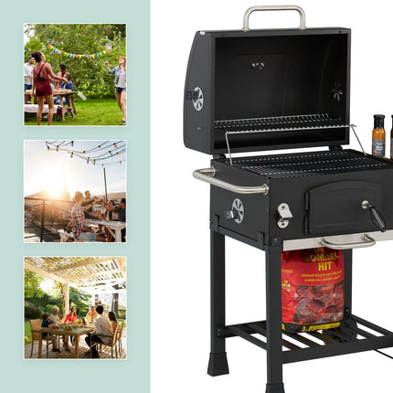 Charcoal BBQ Cart with Lid, Adjustable Tray & Thermometer