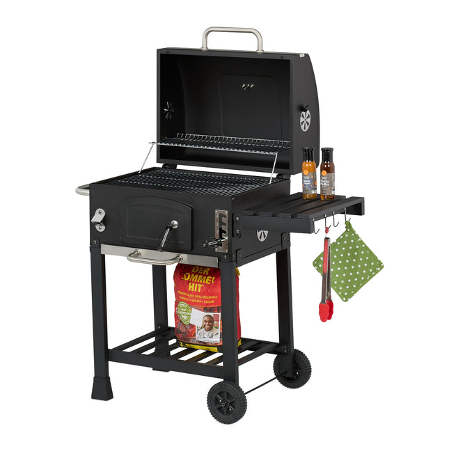 Charcoal BBQ Cart with Lid, Adjustable Tray & Thermometer