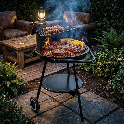 Charcoal BBQ with Windbreak & Storage Shelf, Black