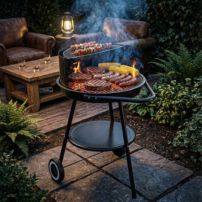 Charcoal BBQ with Windbreak & Storage Shelf, Black