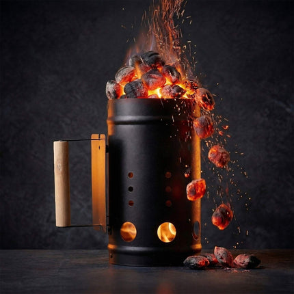Charcoal Chimney Starter with Wooden Handle, Black