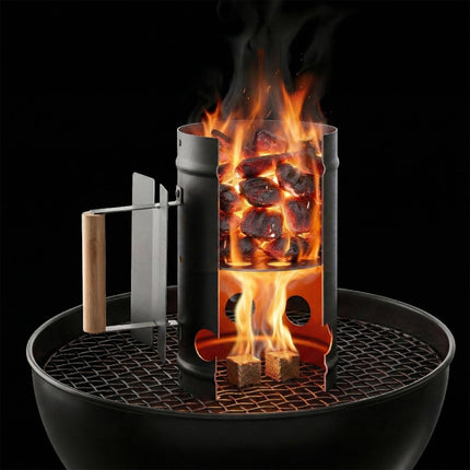 Charcoal Chimney Starter with Wooden Handle, Black