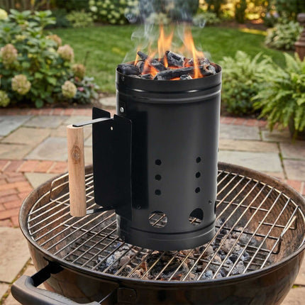 Charcoal Chimney Starter with Wooden Handle, Black