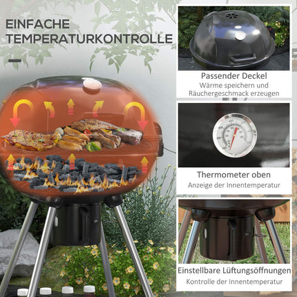 Charcoal grill with wheels, shelf and thermometer