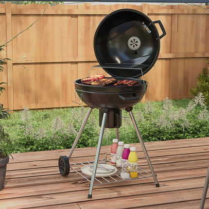 Charcoal grill with wheels, shelf and thermometer