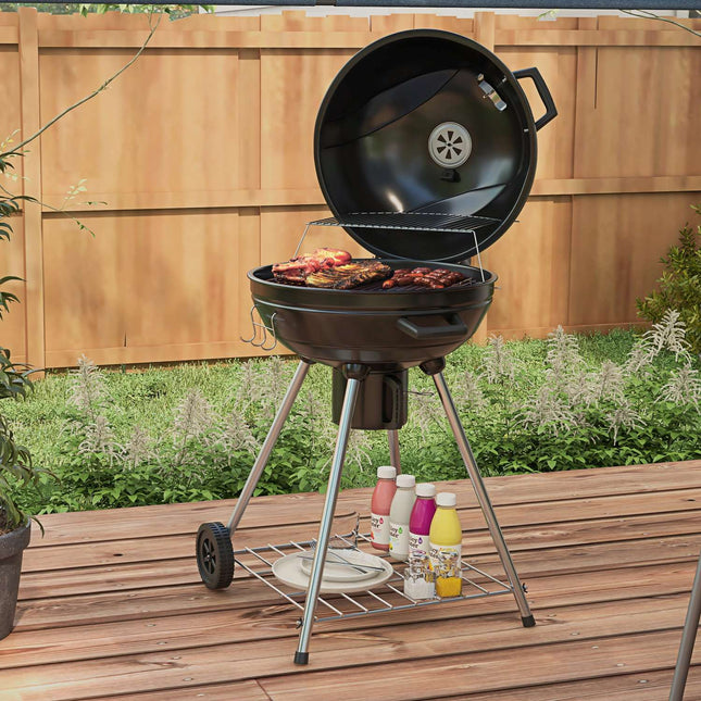 Charcoal grill with wheels, shelf and thermometer