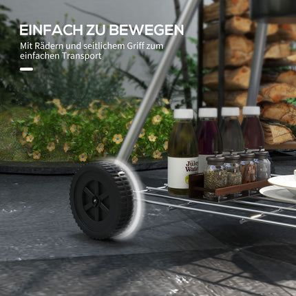 Charcoal grill with wheels, shelf and thermometer