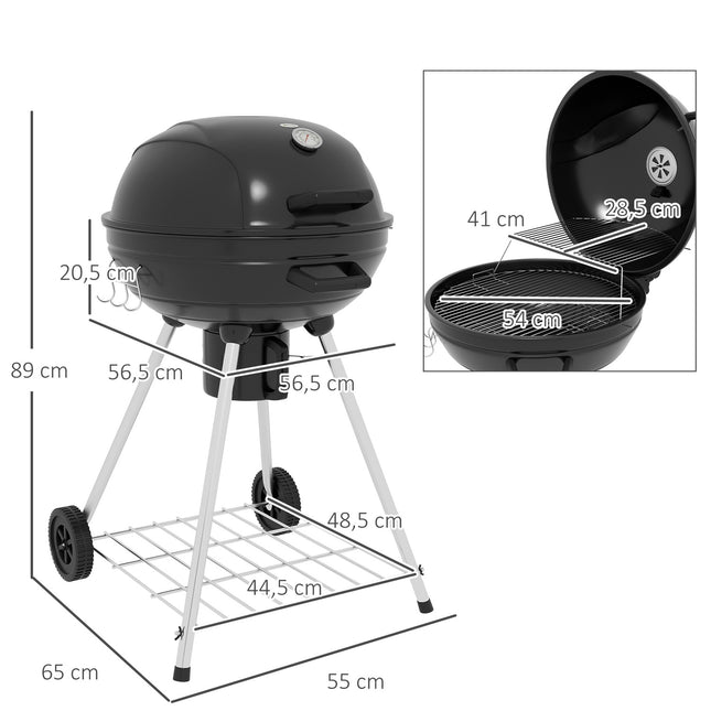 Charcoal grill with wheels, shelf and thermometer