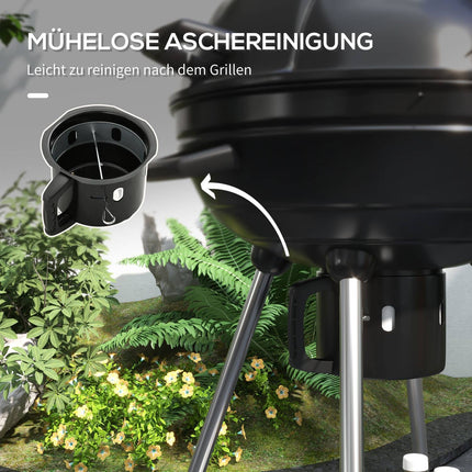 Charcoal grill with wheels, shelf and thermometer