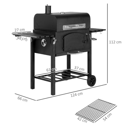 Charcoal grill with smoker, heating rack, wheels