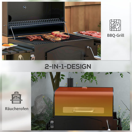 Charcoal grill with smoker, heating rack, wheels