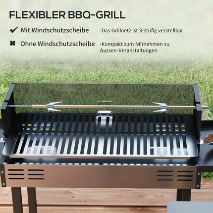 Folding stainless steel charcoal grill with rotisserie kit