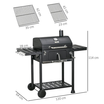 Charcoal camping grill with double rack & collapsible shelf