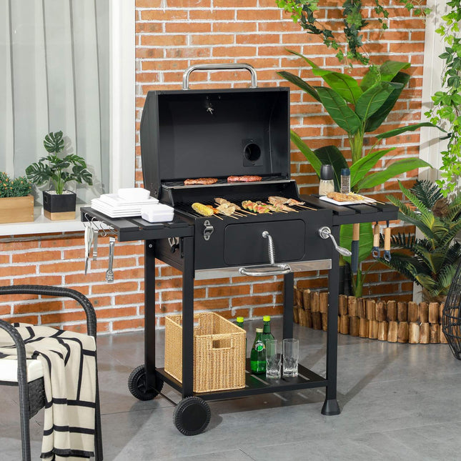 Charcoal camping grill with double rack & collapsible shelf