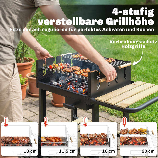 Charcoal Grill Cart with Adjustable Grates, Wood Shelves, Wheels