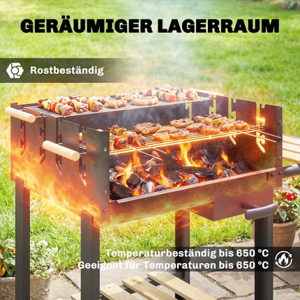 Charcoal Grill Cart with Adjustable Grates, Wood Shelves, Wheels
