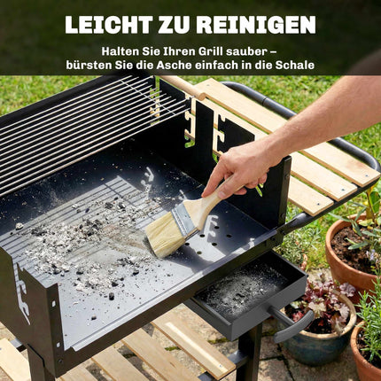Charcoal Grill Cart with Adjustable Grates, Wood Shelves, Wheels