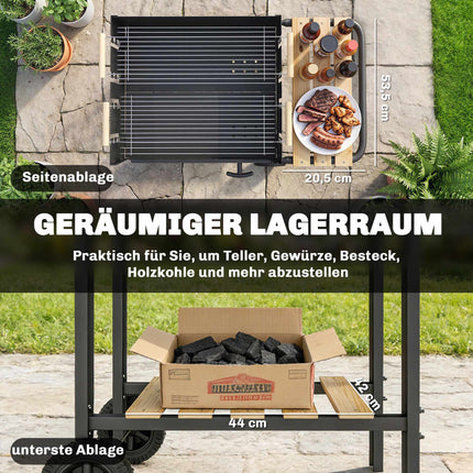 Charcoal Grill Cart with Adjustable Grates, Wood Shelves, Wheels