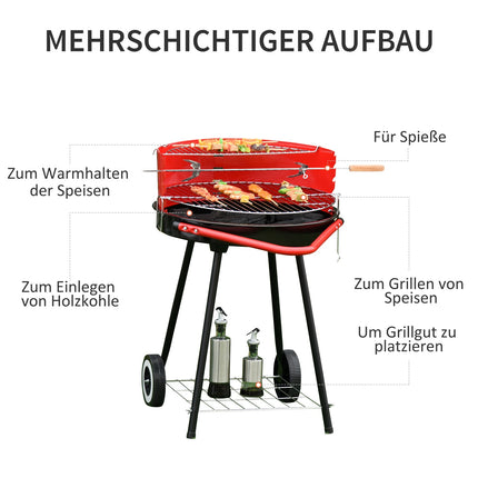 Red metal charcoal grill with wheels, 51x70x75.5cm
