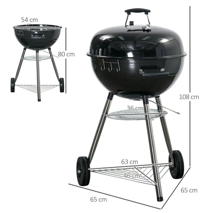 Charcoal grill with lid, thermometer & shelf - 65x65x108cm