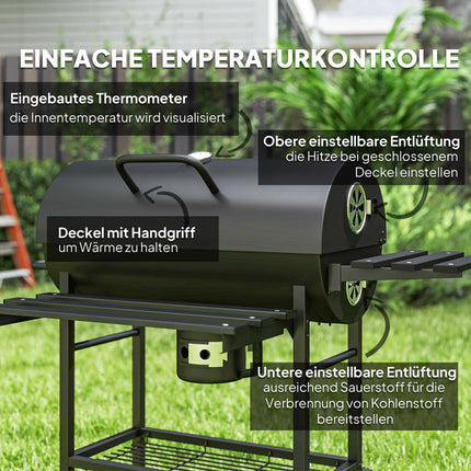 Charcoal Grill with Thermometer, Adjustable Vents, Steel, Black