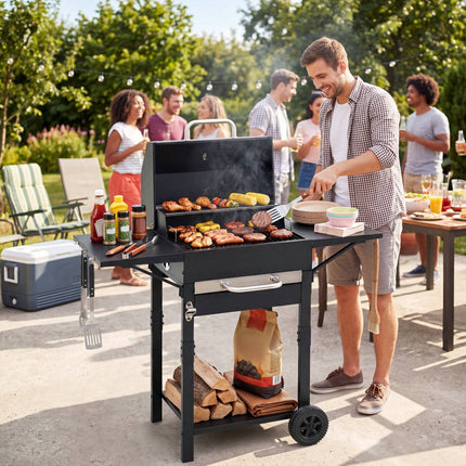 Charcoal Grill with Thermometer, Side Tables & Wheels