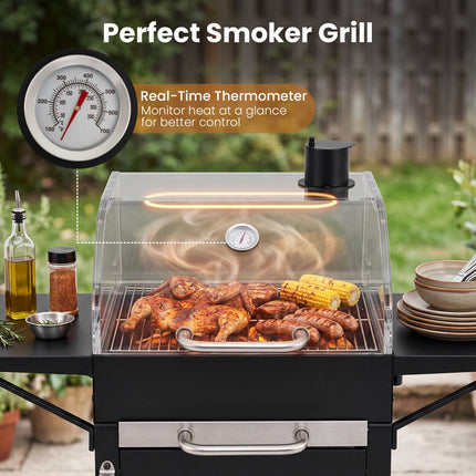 Charcoal Grill with Thermometer, Side Tables & Wheels