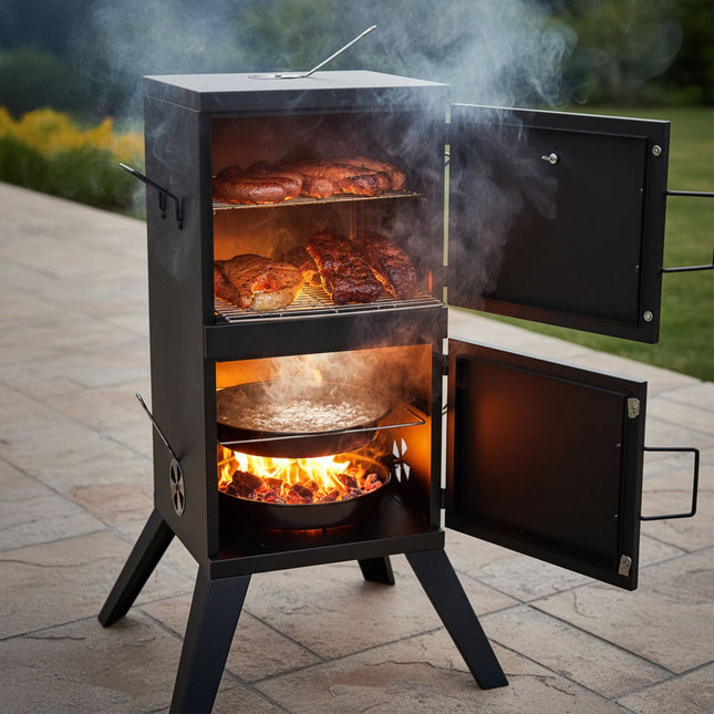 Charcoal Smoker for Meat & Fish, Steel, Black