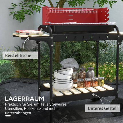 Mobile charcoal grill in metal with wheels and wooden shelf