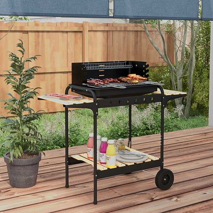 Metal charcoal grill - adjustable grid, wheels, shelf