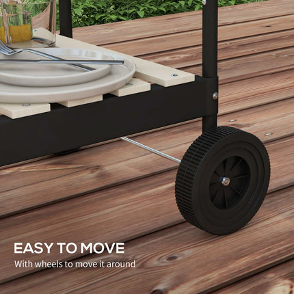Mobile charcoal grill in metal with wheels and wooden shelf
