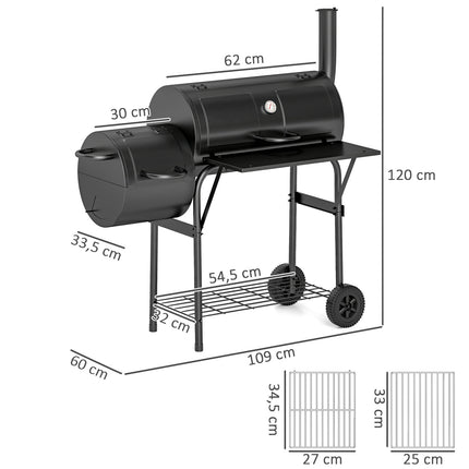 Steel BBQ charcoal grill with thermometer and wheels, 109x60x120 cm