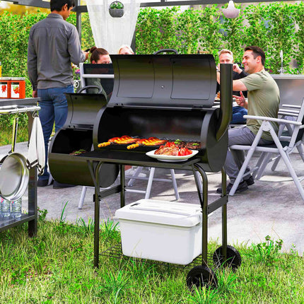 Steel BBQ charcoal grill with thermometer and wheels, 109x60x120 cm